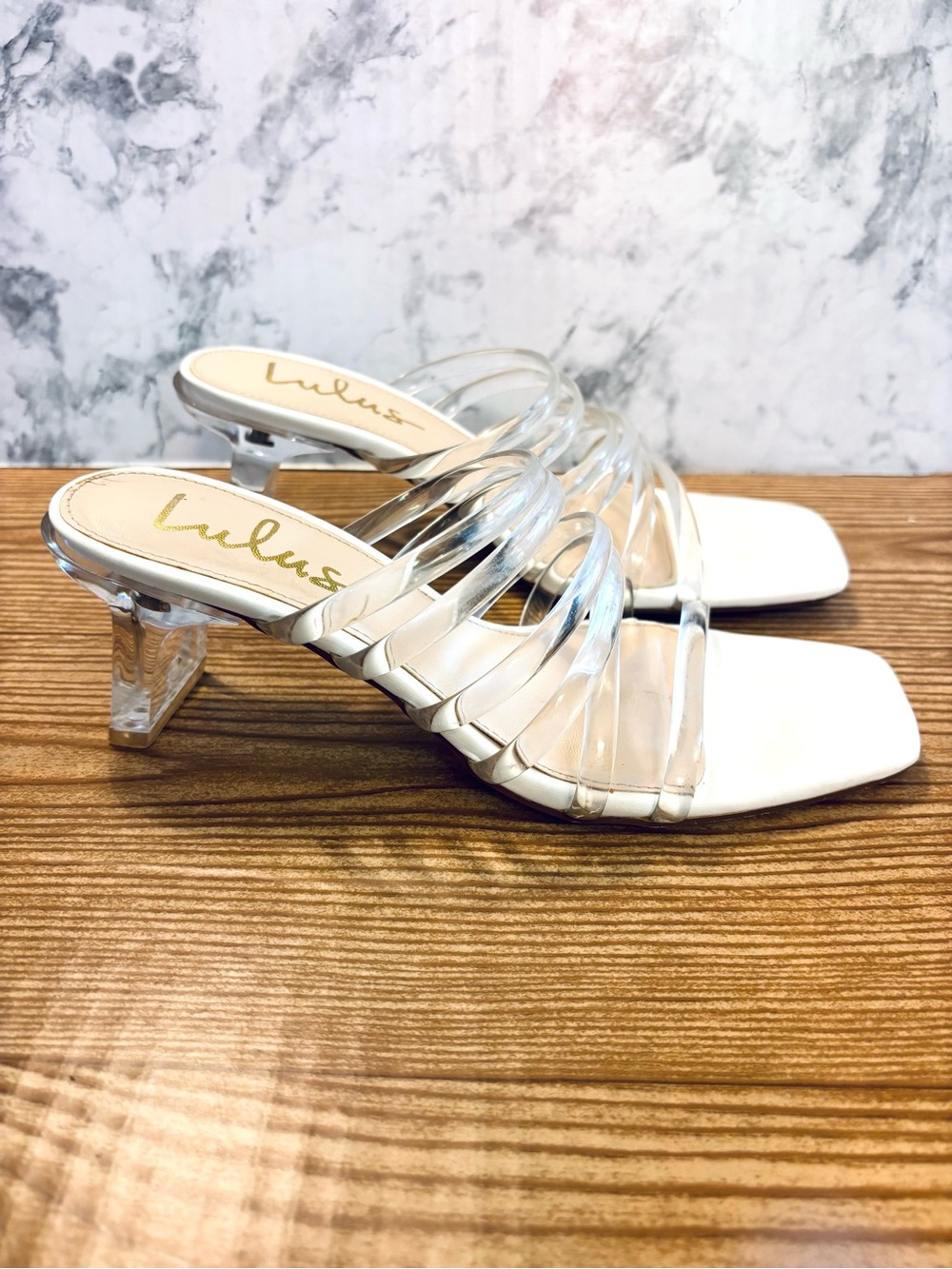 Lulus Macalano White Clear Strappy Block Heel Slide Sandals Size 6